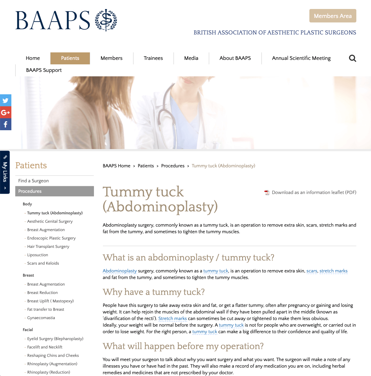 BAAPS Abdominoplasty website patient guidance David Oliver