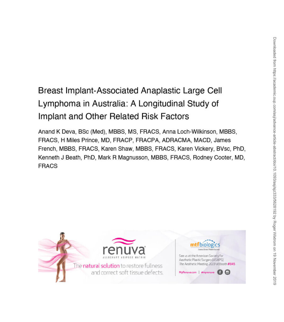 Breast Implant-Associated Anaplastic Large Cell Lymphoma in Australia A Longitudinal Study of Implant and Other Related Risk Factors-1
